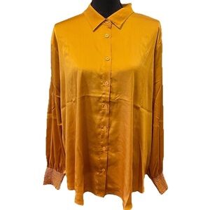 NWT Chico's Size 4 or US 20 Satin Smocked-Cuff Blouse SAFFRON GOLD Collared Top